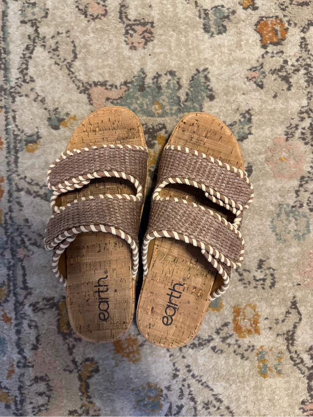 Earth Braided Double-Strap Slide Sandals in Taupe with Cream Trim